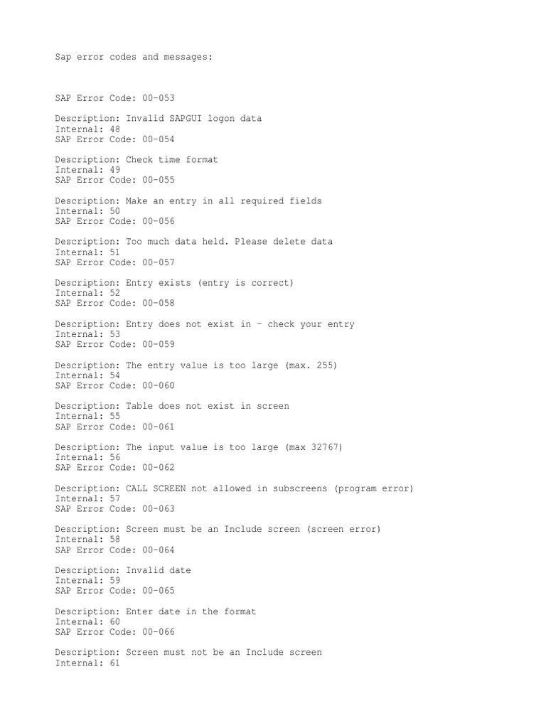 Sap Error Code | PDF | Error | Menu (Computing)
