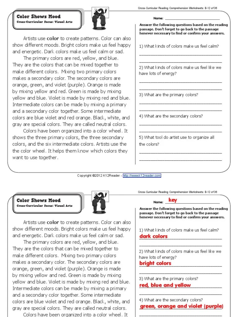 color shows mood 2nd grade reading comprehension worksheets pdf color electromagnetic spectrum