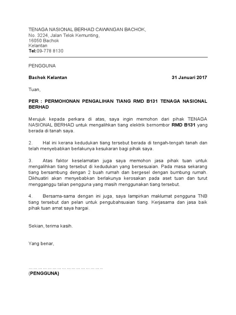 Contoh surat permohonan izin tidak masuk sekolah. Contoh Surat Alih Tiang Elektrik Tnb