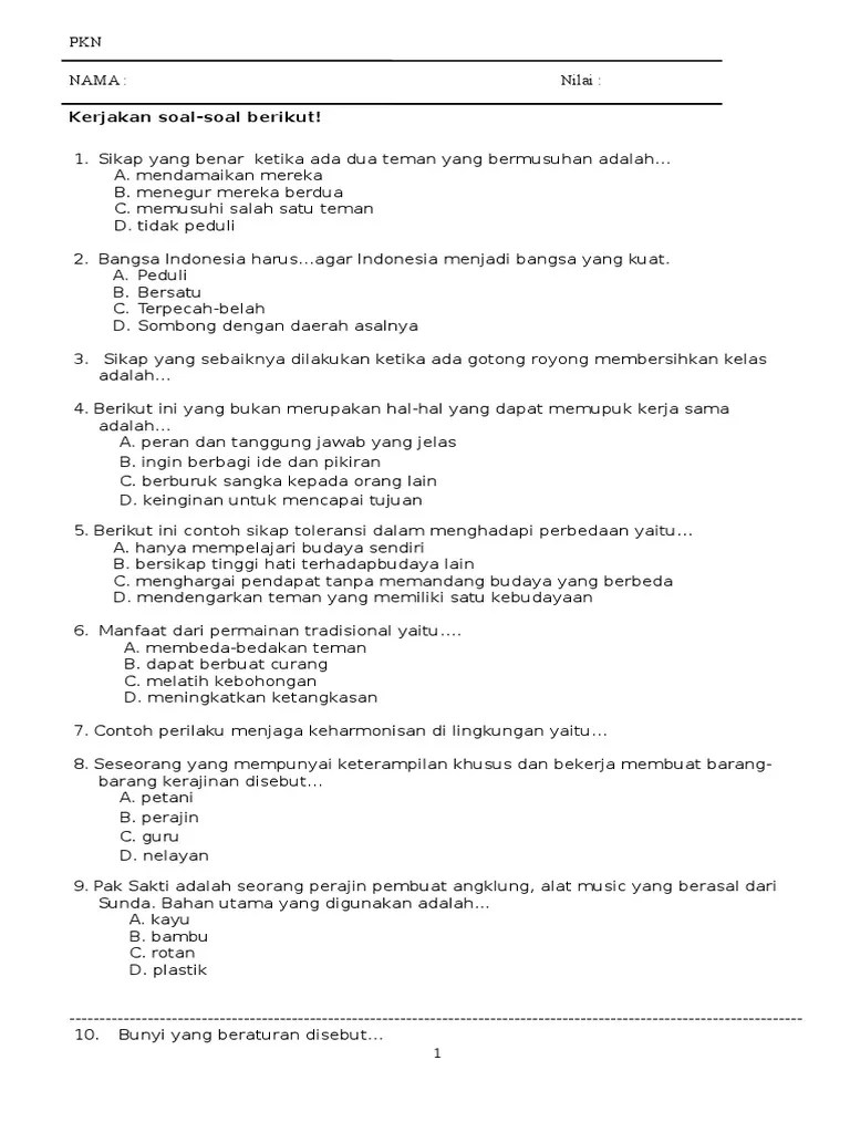 Soal Uas Kelas 4 SMTR 1 Tema 1 | PDF