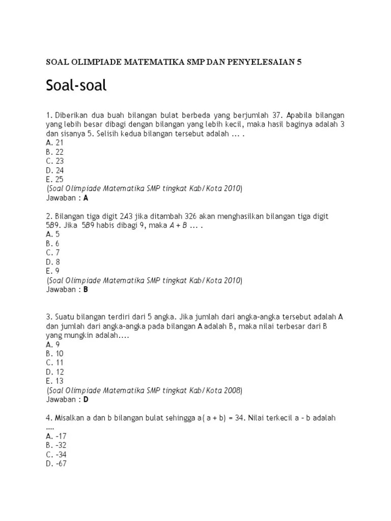 File soal osn sd matematika tahun 2017. Soal Olimpiade Matematika Smp Dan Pembahasannya Pdf Goreng