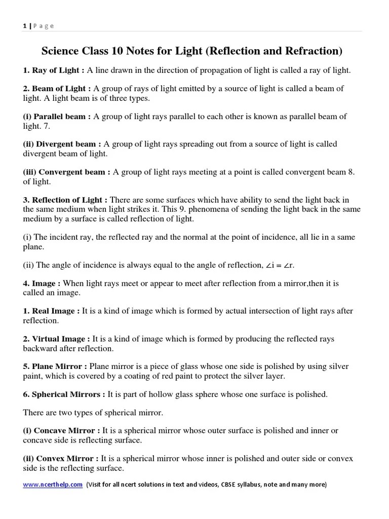 Science Notes For Class 10 Chapter 10 Light Reflection And Refraction | Lens (Optics ...