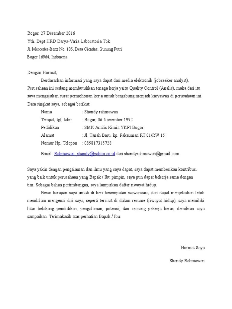 Supaya lebih mudah dalam membuat surat lamaran kerja di posisi qc,. Surat Lamaran Shandy Rahmawan Pdf