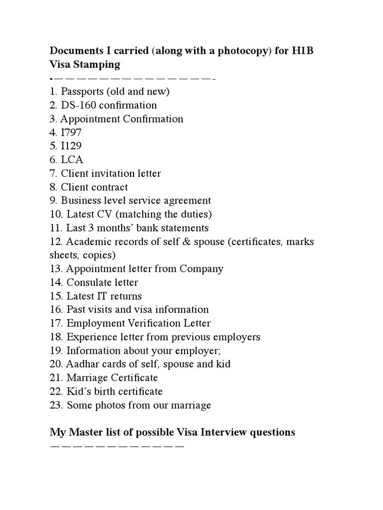 H1b Visa Interview Docs And Questions | PDF