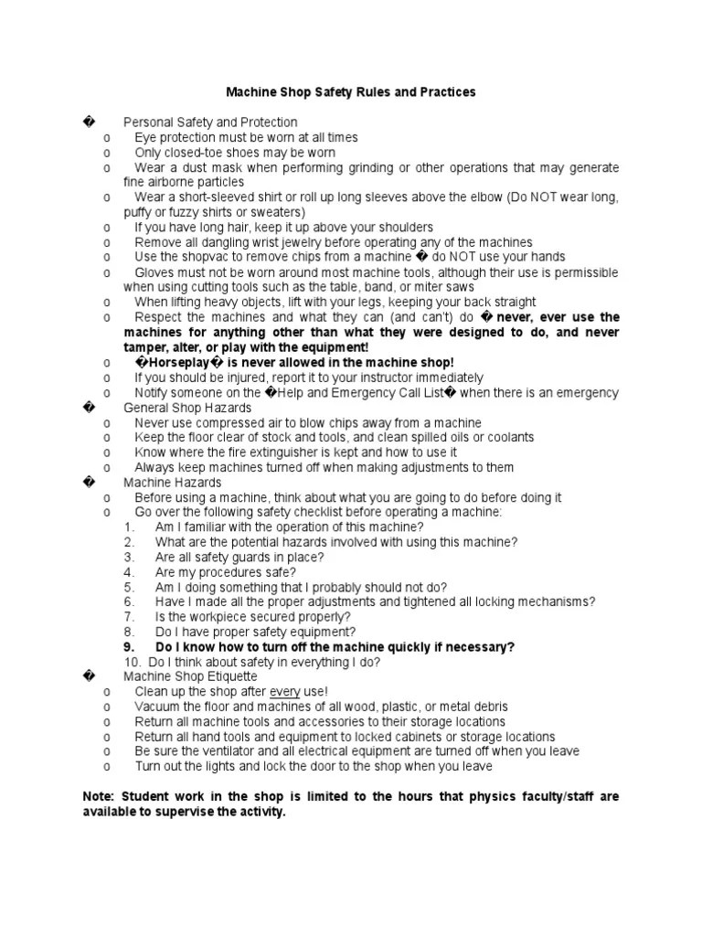 Machine Shop Safety Rules And Practices1 Pdf Belt Mechanical