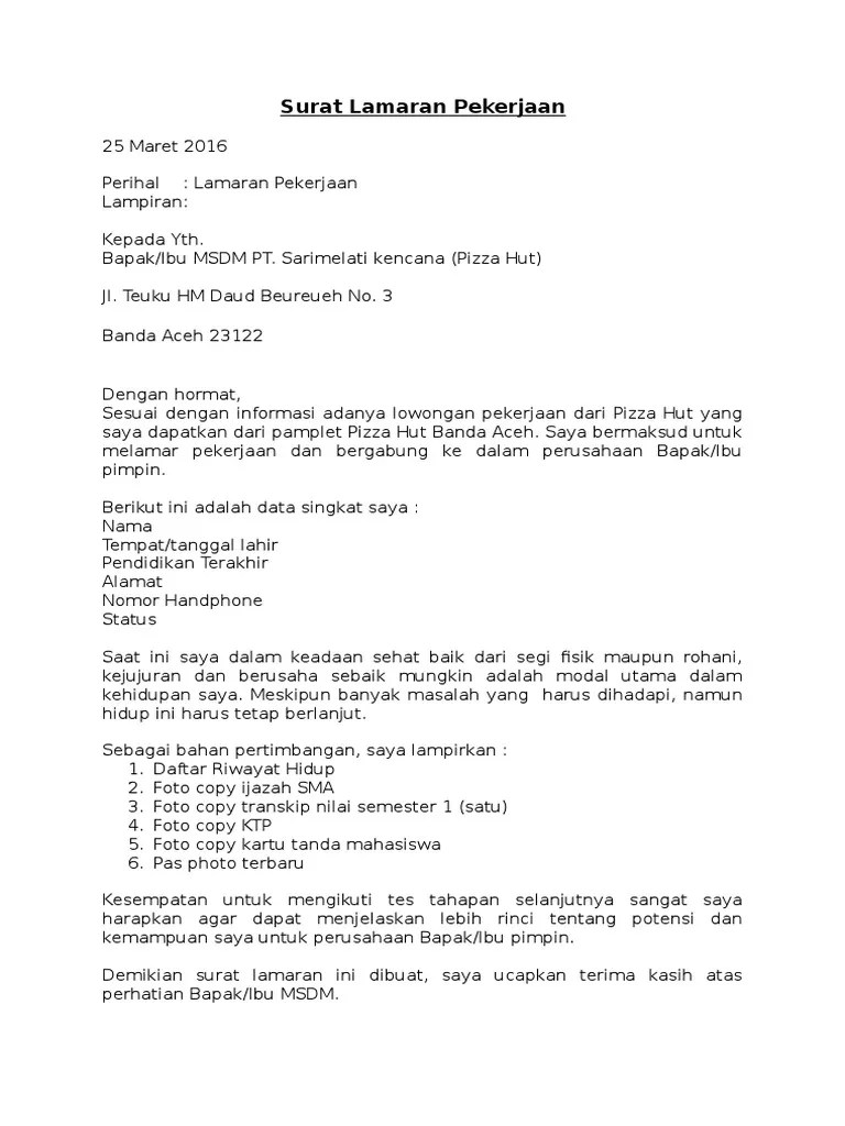 Contoh surat lamaran kerja singkat. Soal Tes Kerja Di Pizza Hut