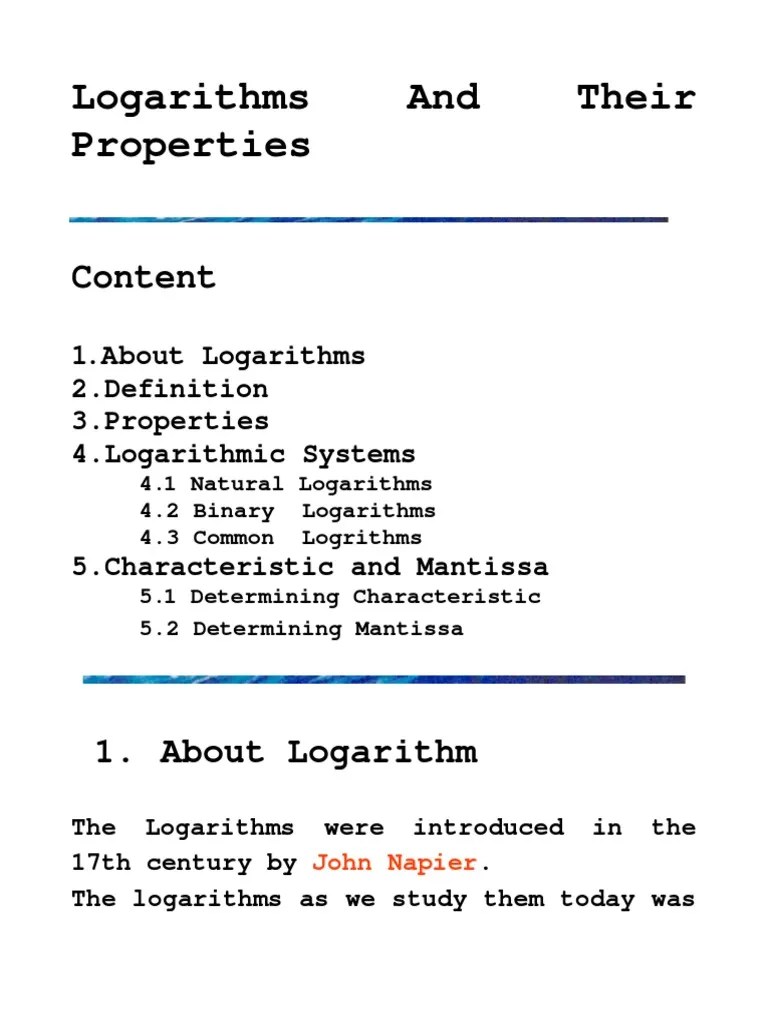 Logarithms And Their Properties | PDF | Logarithm | Numbers