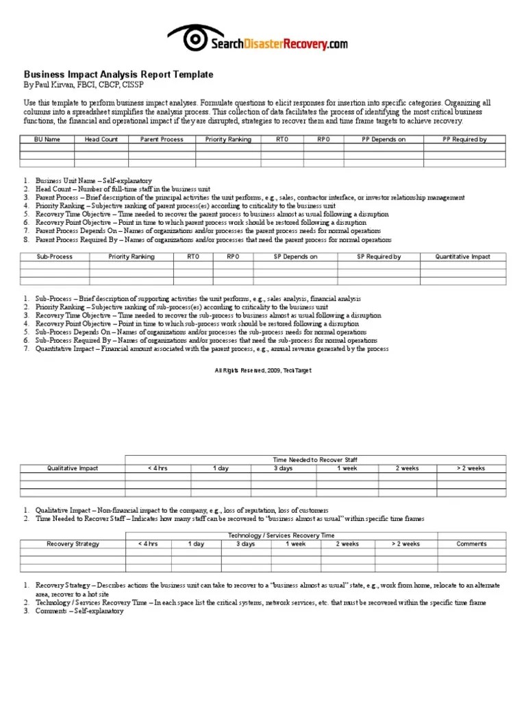 Search Disaster Recovery Business Impact Analysis Report Template Disaster Recovery Computing