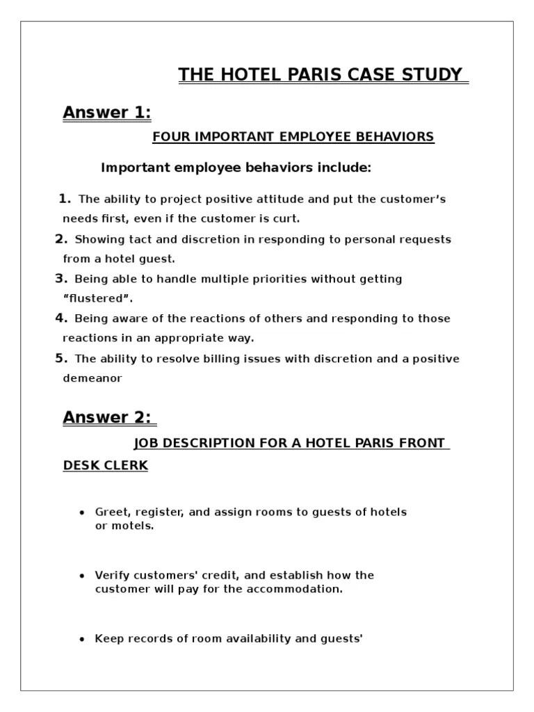 The Hotel Paris Case Study Pdf Hotel Bookkeeg The New Recruitment Process.