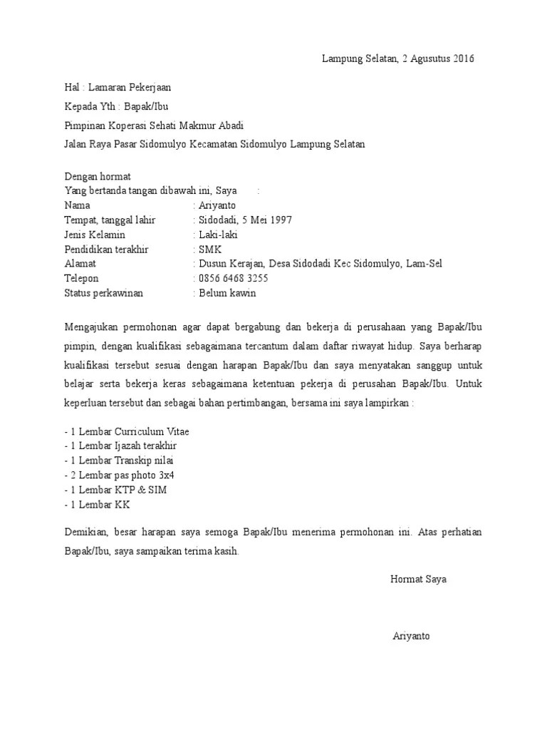 Contoh surat lamaran kerja cpns. Lamar Kerja Koperasi Pdf