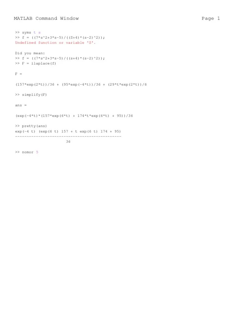 MATLAB Command Window: Undefined Function Or Variable 'S' | PDF