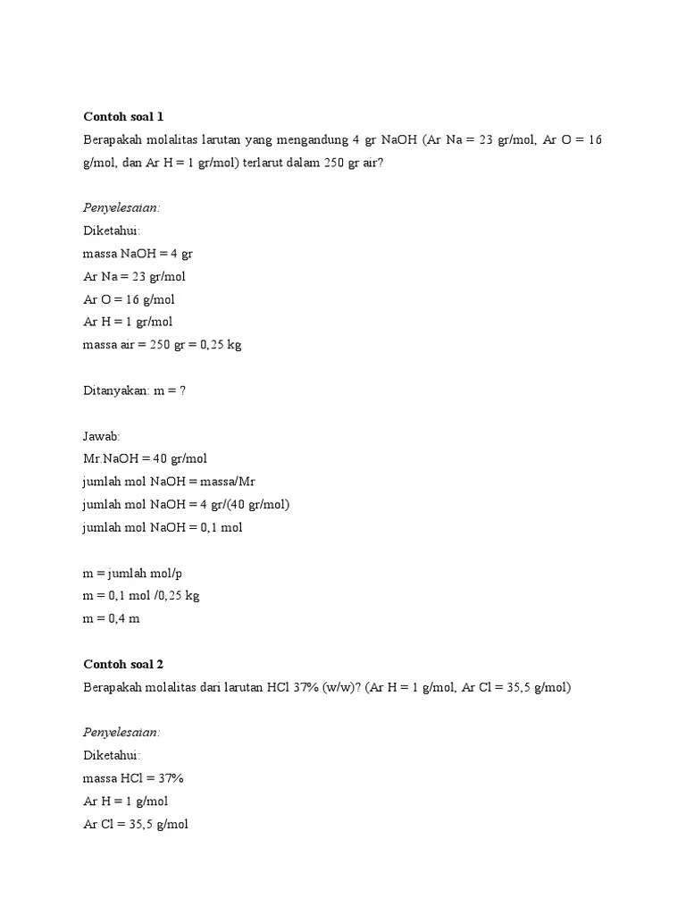Contoh Soal Molalitas Massa Jenis