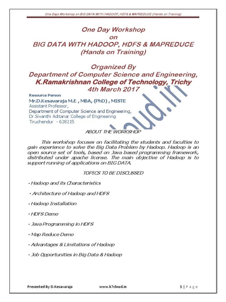 BIG DATA WITH HADOOP, HDFS & MAPREDUCE (Hands On Training) | PDF ...
