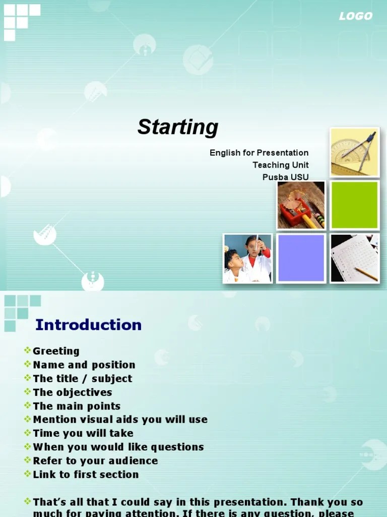 Starting: English For Presentation Teaching Unit Pusba USU | PDF