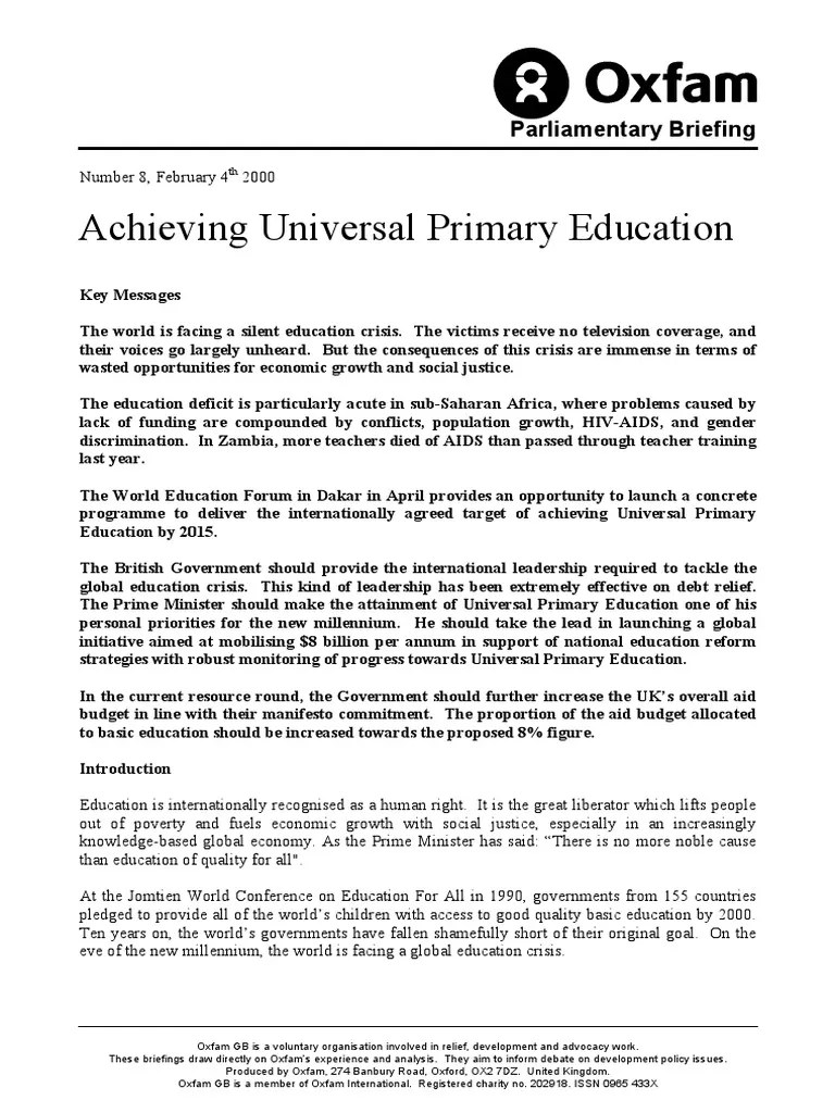 Achieving Universal Primary Education | PDF | Aids | Oxfam