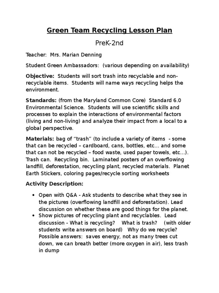 Green Team Recycling Lesson Plan: Prek-2Nd | PDF