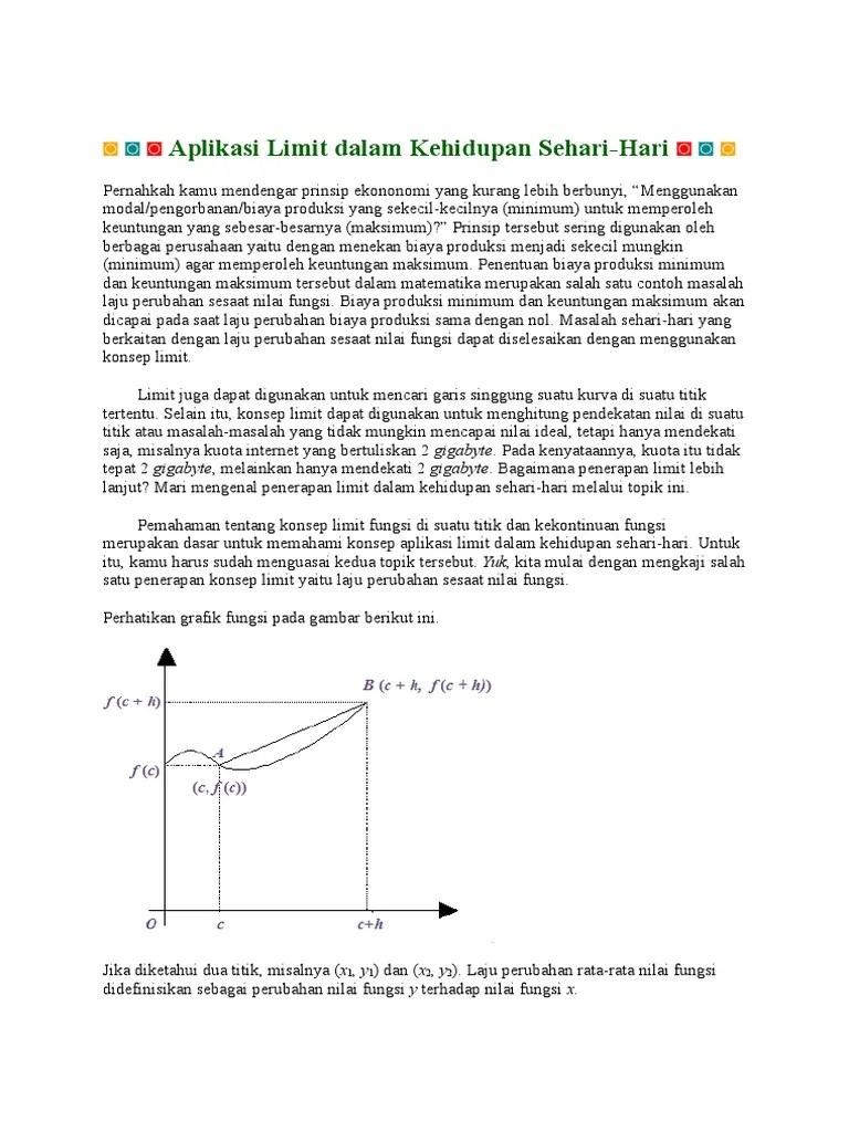 Aplikasi Limit Dalam Kehidupan Sehari1 Pdf Penerapan Limit Fungsi dalam Kehidupan Sehari-hari Sartono Wirodikromo 2007204 Perkataan limit sudah sering kita dengar dalam kehidupan sehari- hari.