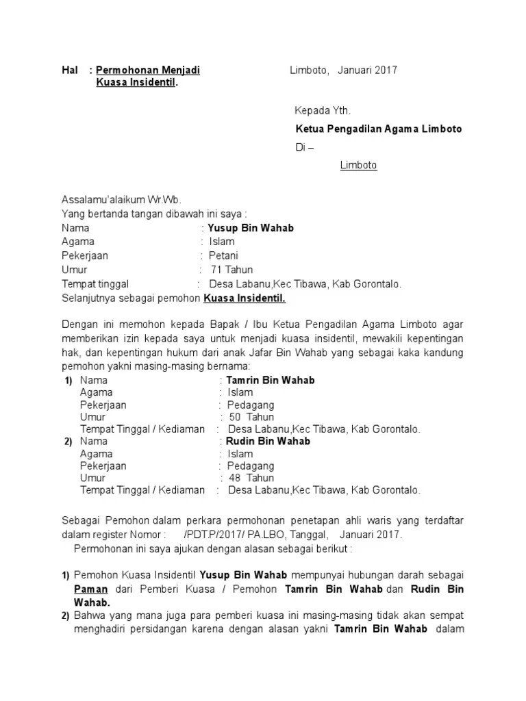 Surat kuasa insidentil berdasarkan surat izin ketua pengadilan agama bandung . Permohonan Kuasa Isidentil Djufri Buna Pdf