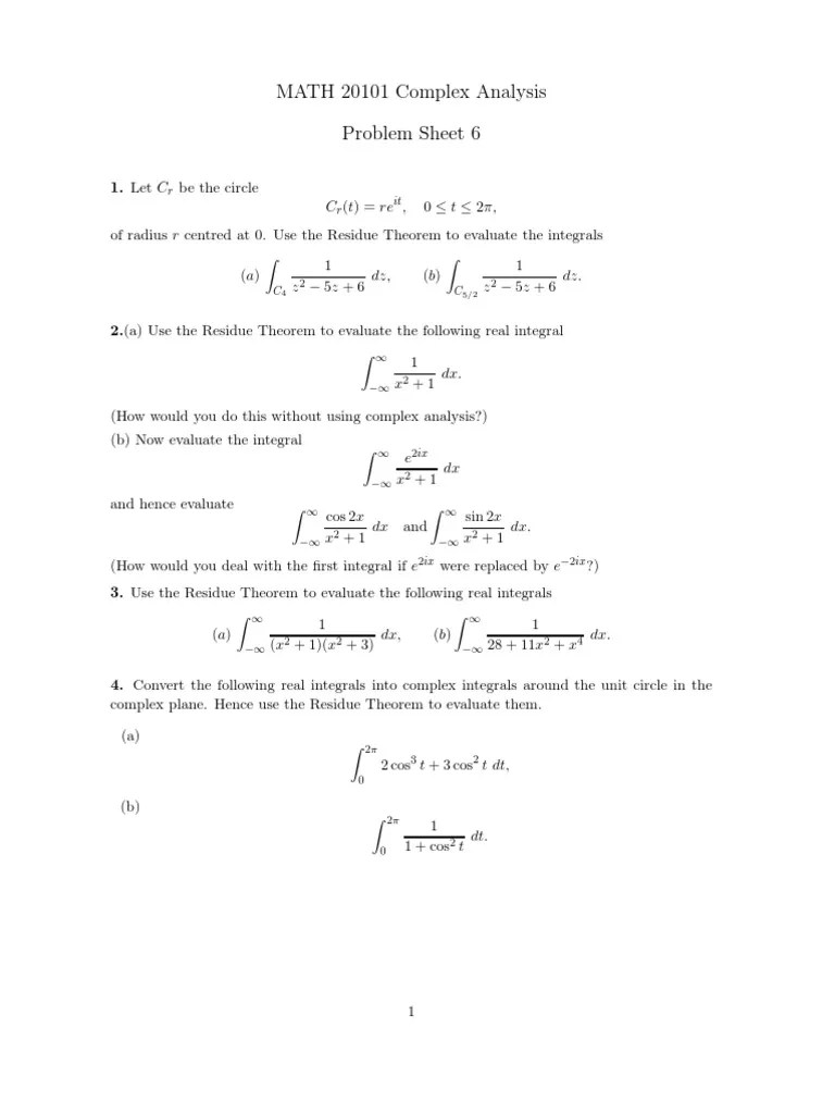 MATH 20101 Complex Analysis Problem Sheet 6: R R It | PDF | Integral ...