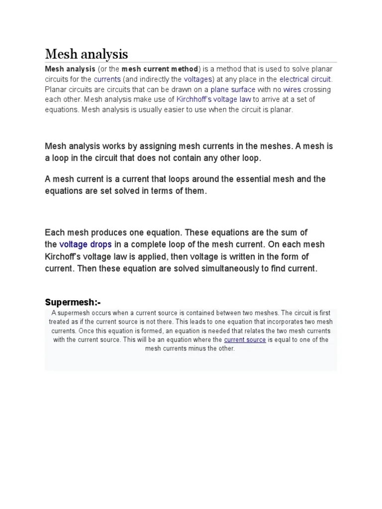 Mesh Analysis: Mesh Analysis (Or The Mesh Current Method) Is A Method ...