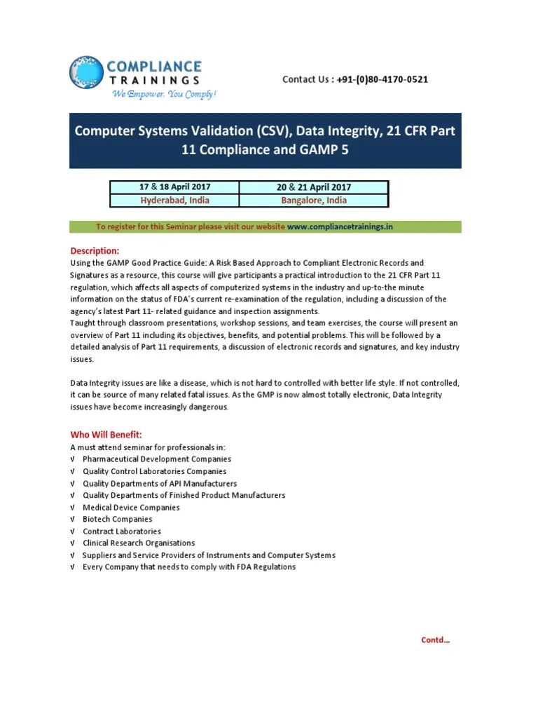 Compliance Trainings Semianr - Computer Systems Validation (CSV), Data ...
