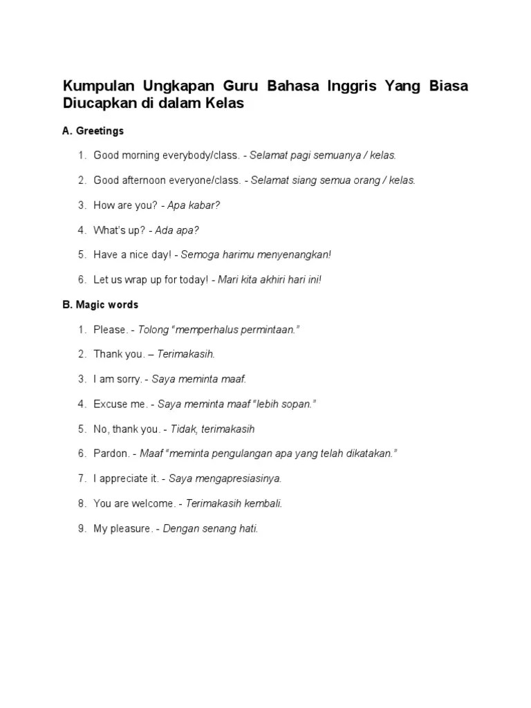 Kumpulan Ungkapan Guru Bahasa Inggris Yang Biasa Diucapkan Di Dalam ...