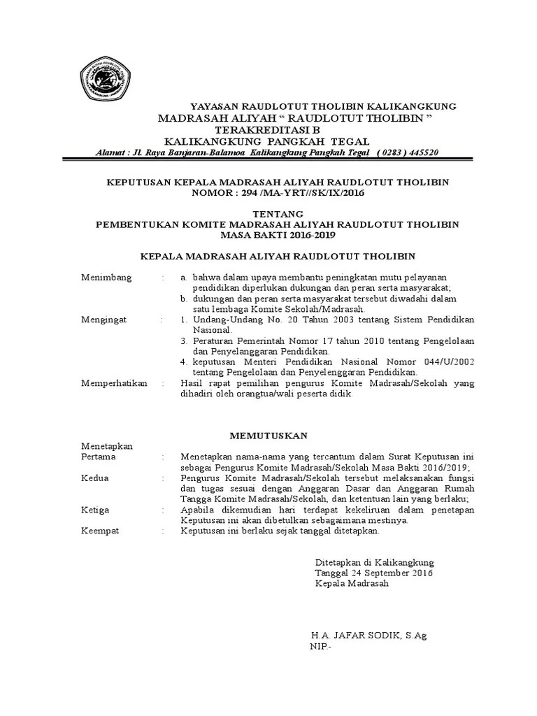 Update 2020 contoh sk komite sekolah format microsoft word. Sk Komite Ma 2016 2019 Pdf
