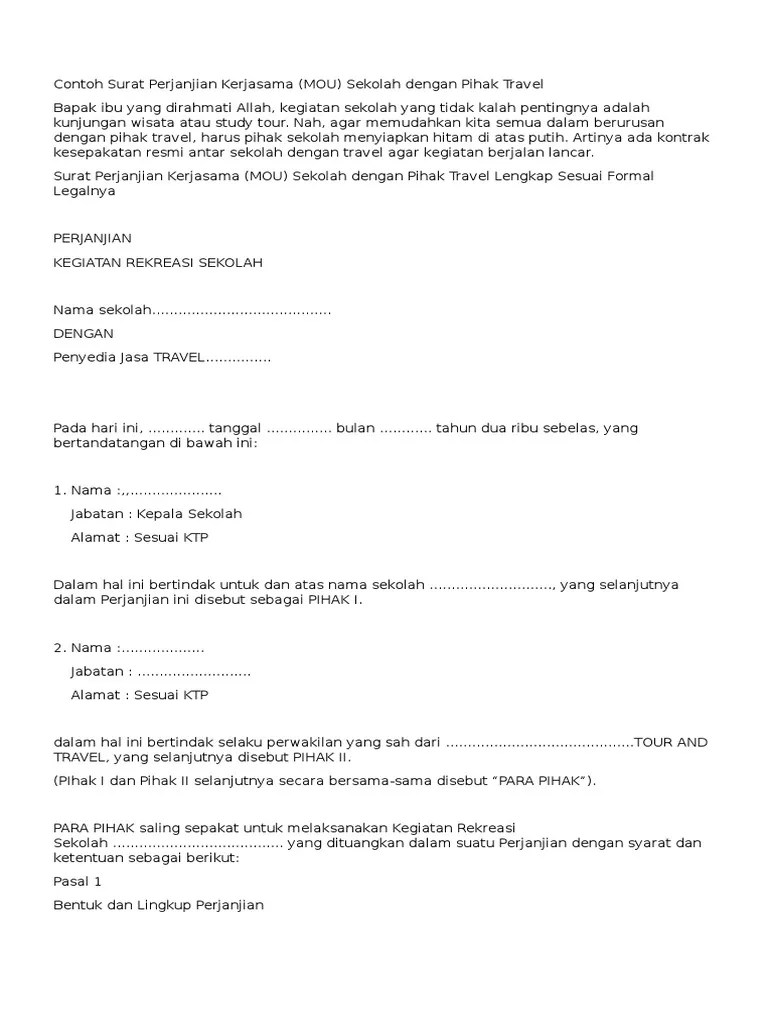 Selanjutnya di sebut pihak kedua, selaku konsumen jasa perjalanan wisata. Contoh Mou Kerjasama Dengan Travel Pdf