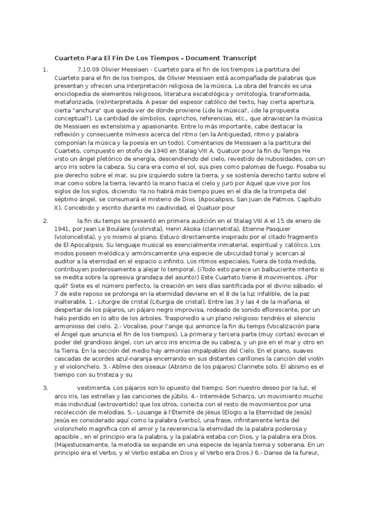 Cuarteto Para El Fin De Los Tiempos Pdf Musicología Las Artes