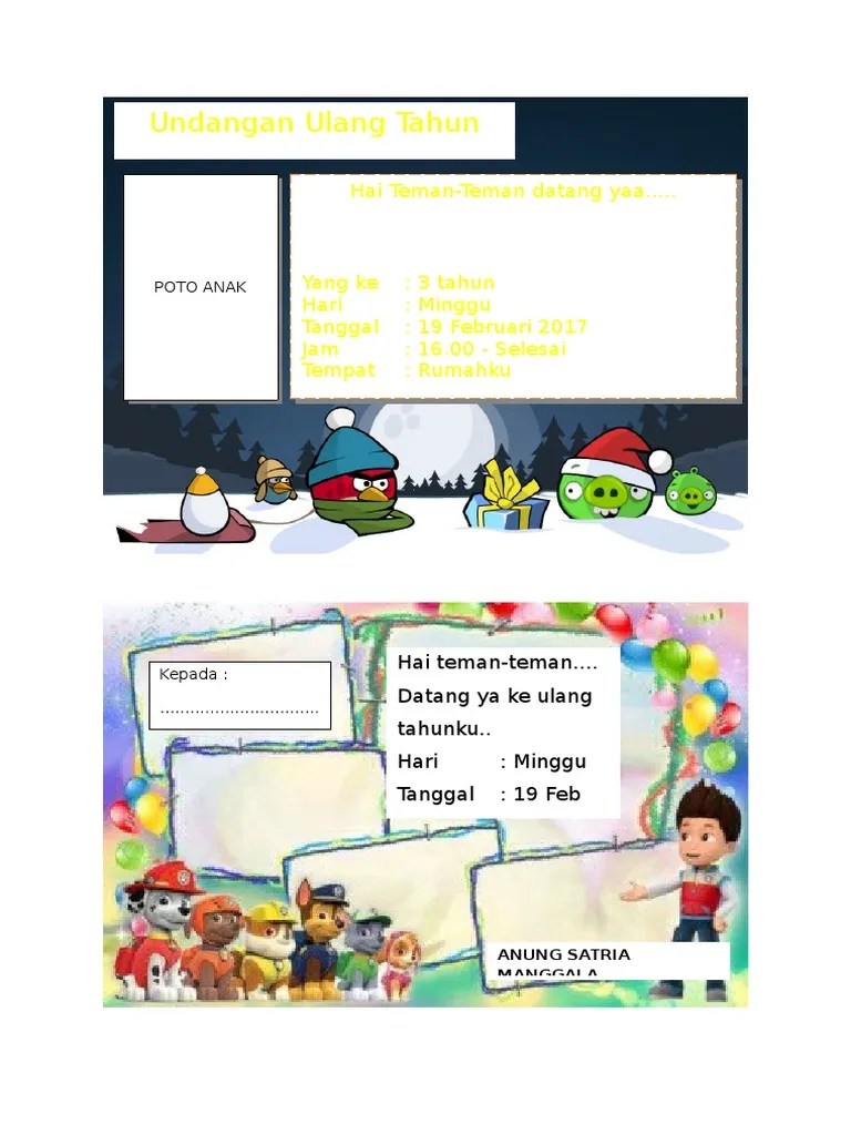 Contoh Undangan Ulang Tahun Anak Tema Angry Birt Bisa Di Edit