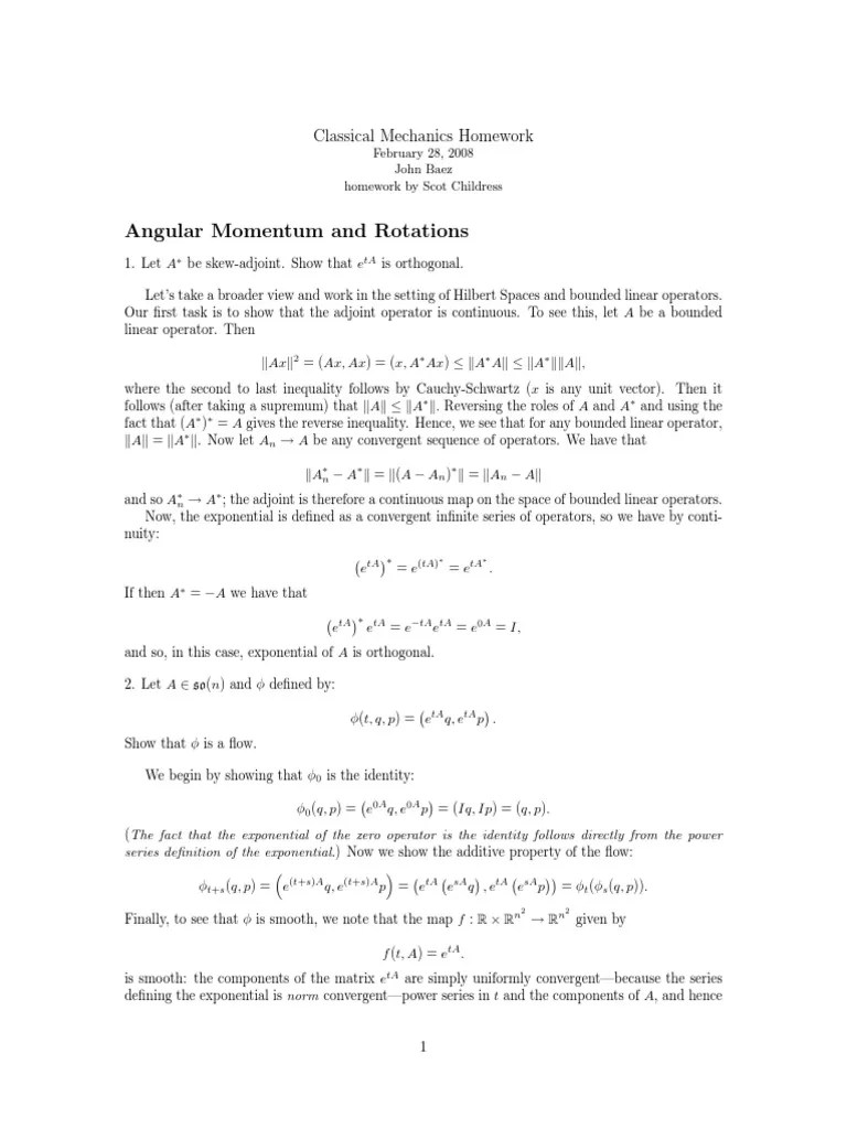 Angular Momentum And Rotations: Classical Mechanics Homework | PDF ...