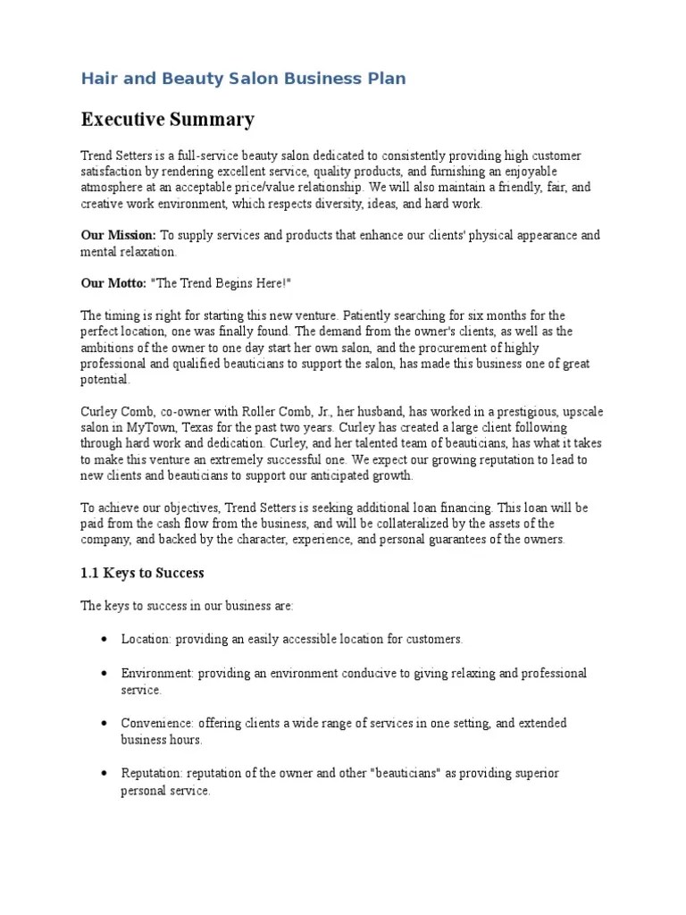 Hair And Beauty Salon Business Plan Docx Revenue Employee Benefits