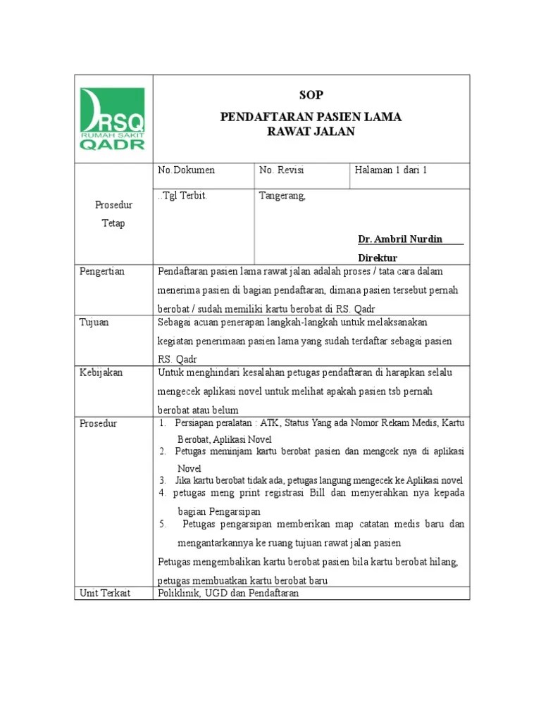Mengkaji standar operasional prosedur (sop) pendaftaran pasien lama. Sop Pendaftaran Pasien Lama Rawat Jalan Pdf
