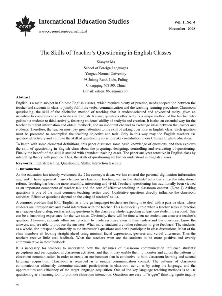 The Skills Of Teacher's Questioning In English Classes | PDF | Question | English As A Second Or ...