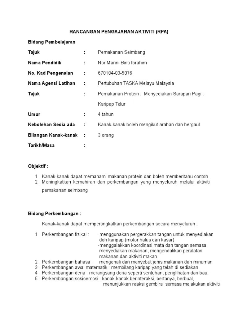 Perkembangan fizikal nama pendidik : Rpa Pemakanan Seimbang Pdf