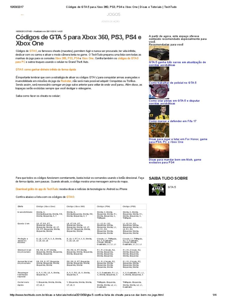 C Digos De GTA 5 Para Xbox 360 PS3 PS4 E Xbox One Dicas E Tutoriais 1