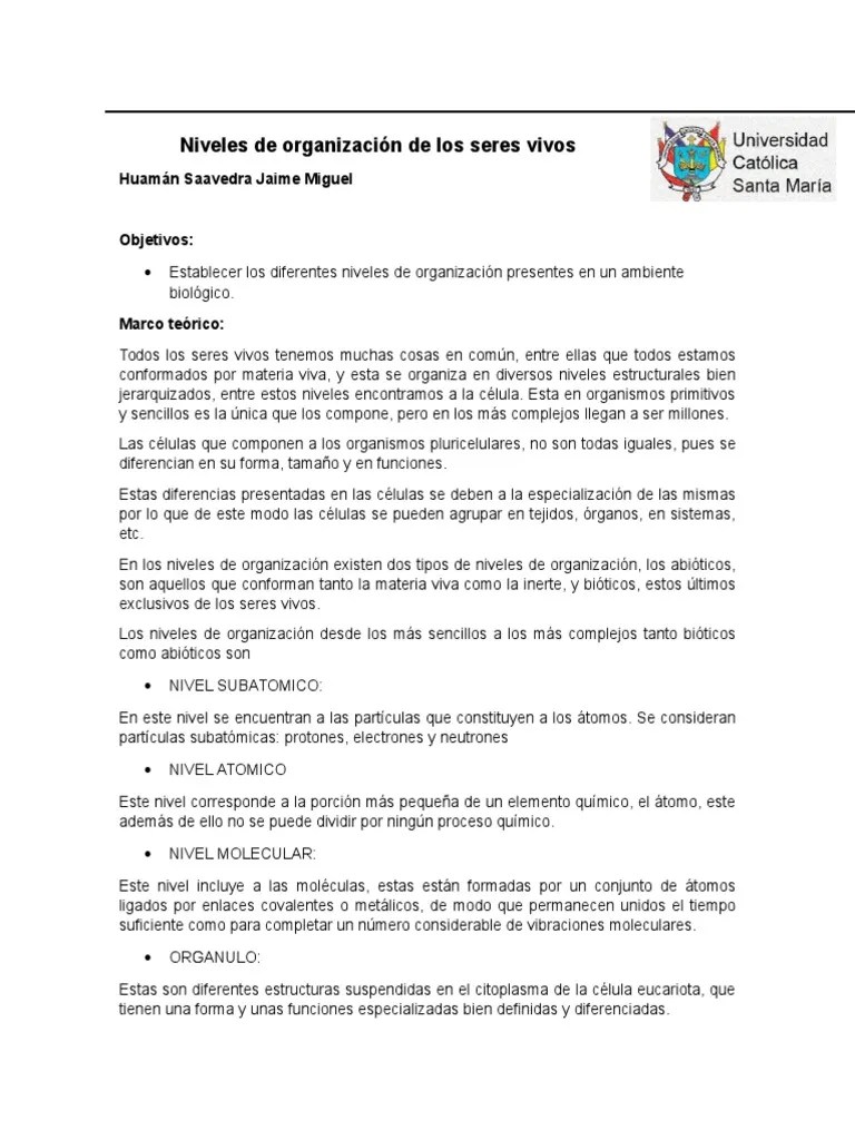 Niveles De Organización De Los Seres Vivos | Organismos | Biología Celular)