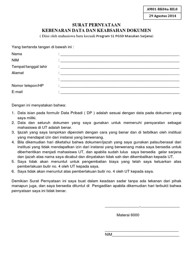 Contoh surat pernyataan kebenaran dokumen surat pernyataan. Surat Pernyataan Kebenaran Dan Keabsahan Dokumen - Contoh Seputar Surat