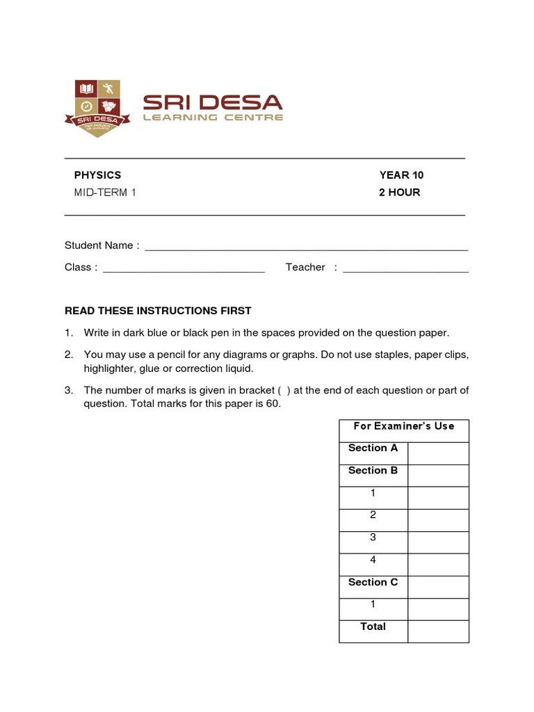 Mid-Term Exam 1 Physics Y10 | PDF | Measuring Instrument | Force