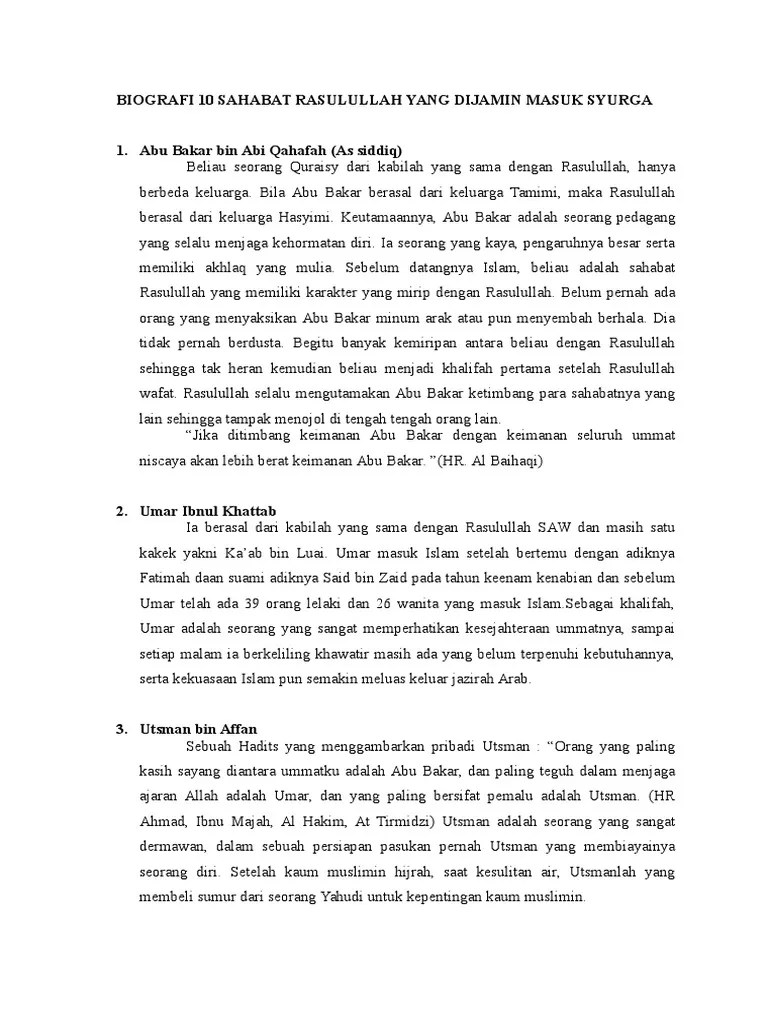 Biografi 10 Sahabat Rasulullah Yang Dijamin Masuk Syurga | PDF