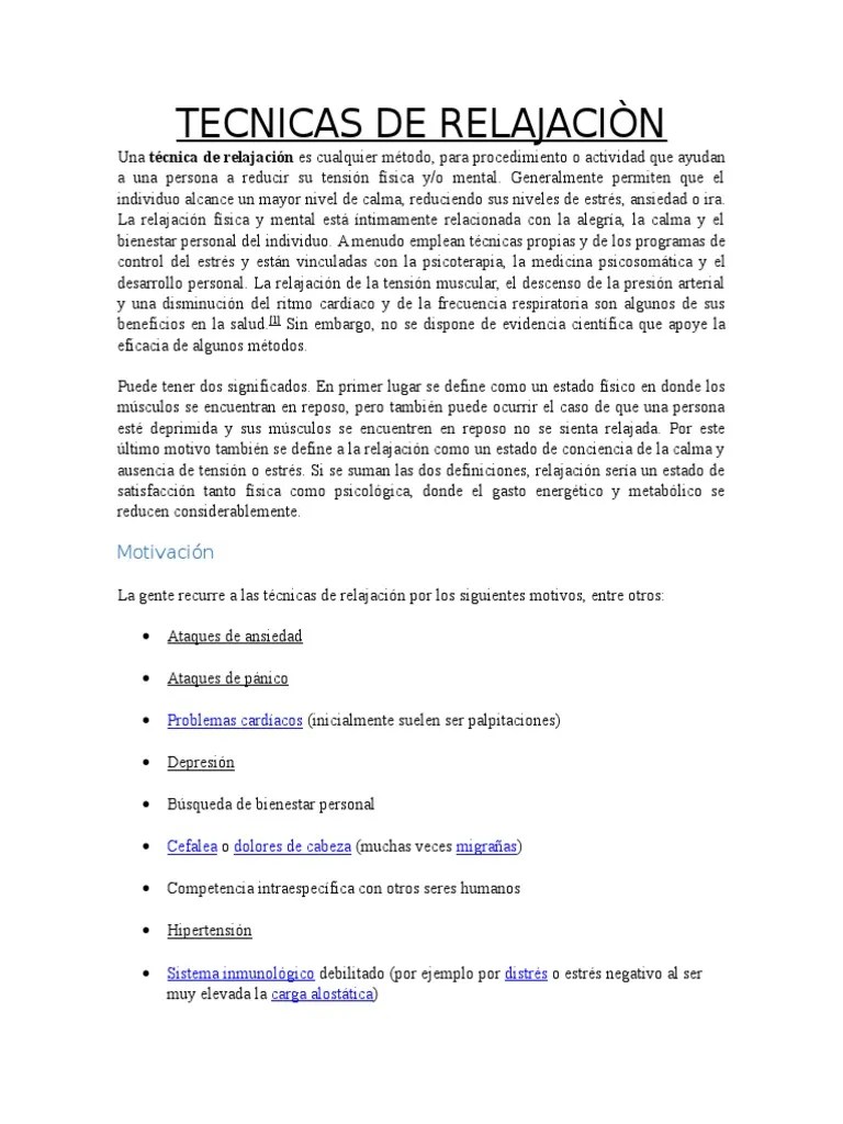 Tecnicas De Relajaciòn | PDF | Meditación | Conceptos Psicologicos