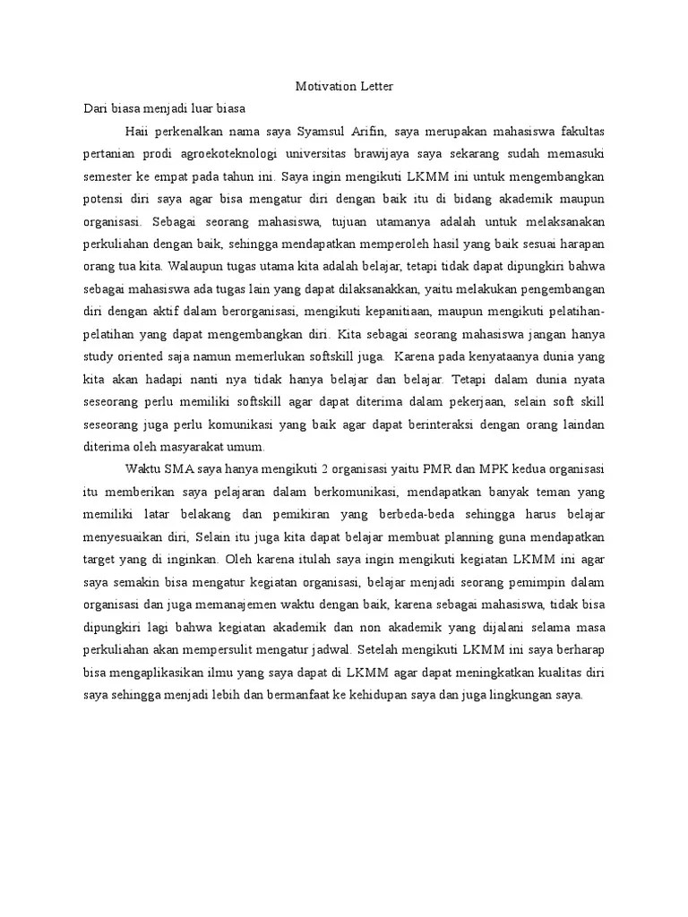 Tulis garis besar dari apa yang akan kamu . Contoh Motivation Letter