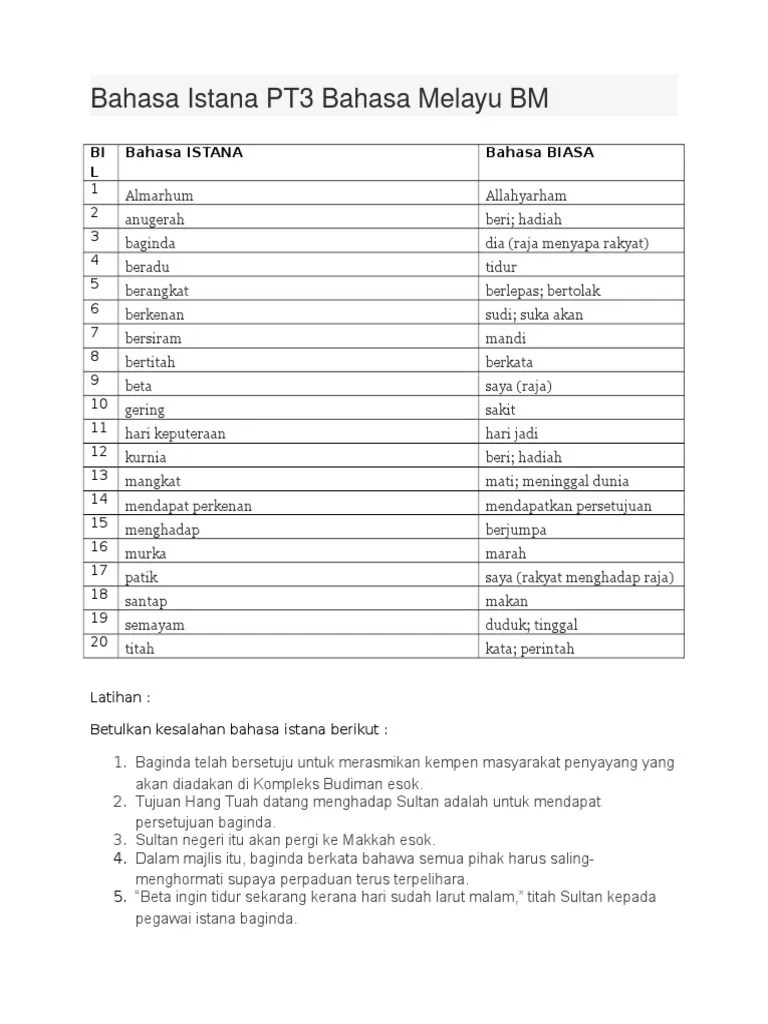 Baginda akan bersemayam di istana kayangan mulai 1 februari 2011. Bahasa Istana Pt3 Bahasa Melayu Bm Pdf