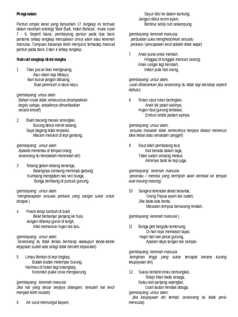 Pengenalan pantun empat kerat yang berjumlah 17 rangkap . Puisi Tradisional Pantun Kiasan Pdf