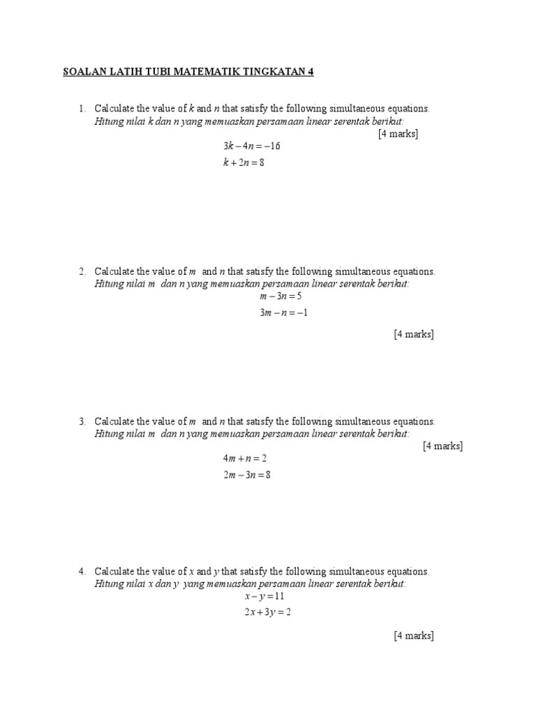 Video ini adalah sambungan untuk video bab 6 : Latih Tubi Matematik Persamaan Linear Serentak Ting 4 Pdf