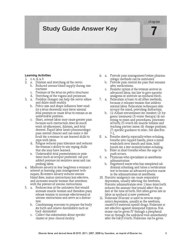 Leifer Chapter 07 Study Guide Answer Key Childbirth Anesthesia Corresponding to Medical-Surgical Nursing.