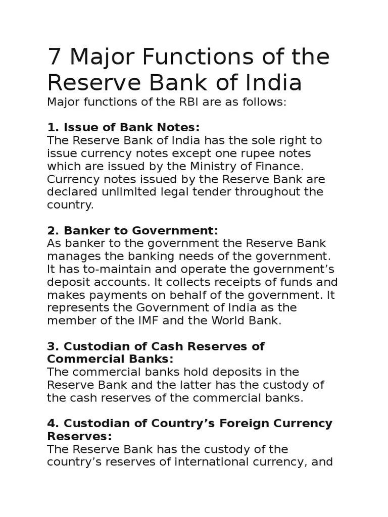 7 Major Functions Of The Reserve Bank Of India | PDF