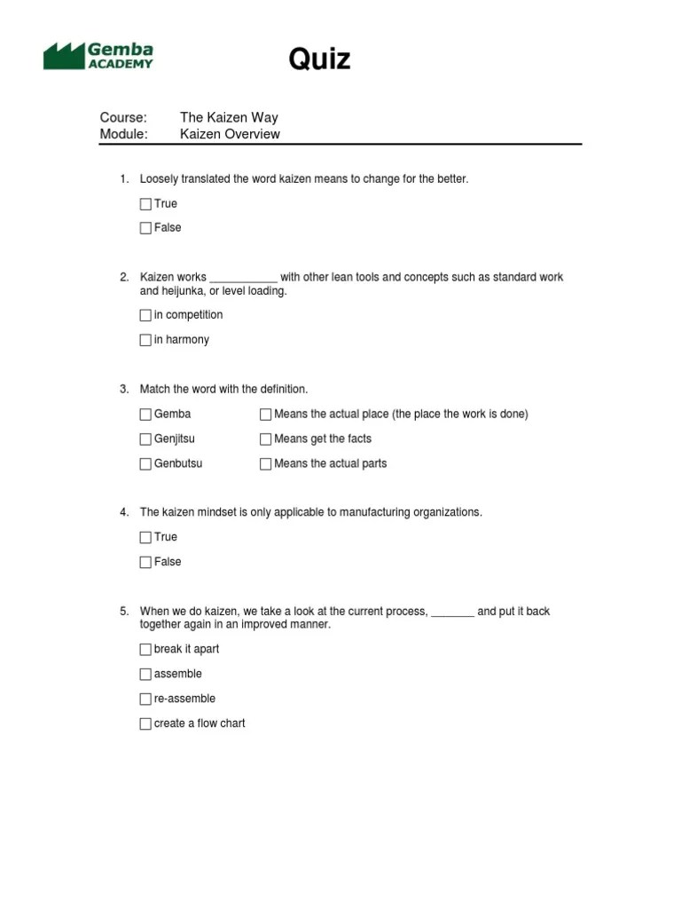 Kaizen Quiz Overview | PDF | Economic Sectors | Production And ...