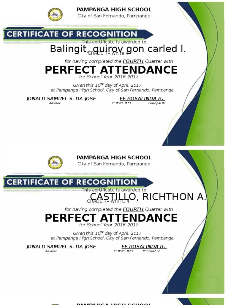 Perfect Attendance Certificate