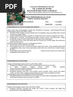 Laporan perkembangan anak tahun ajaran 2015/2016 nama anak… Raport Perkembangan Anak Klp B2 Smstr 1 Pdf